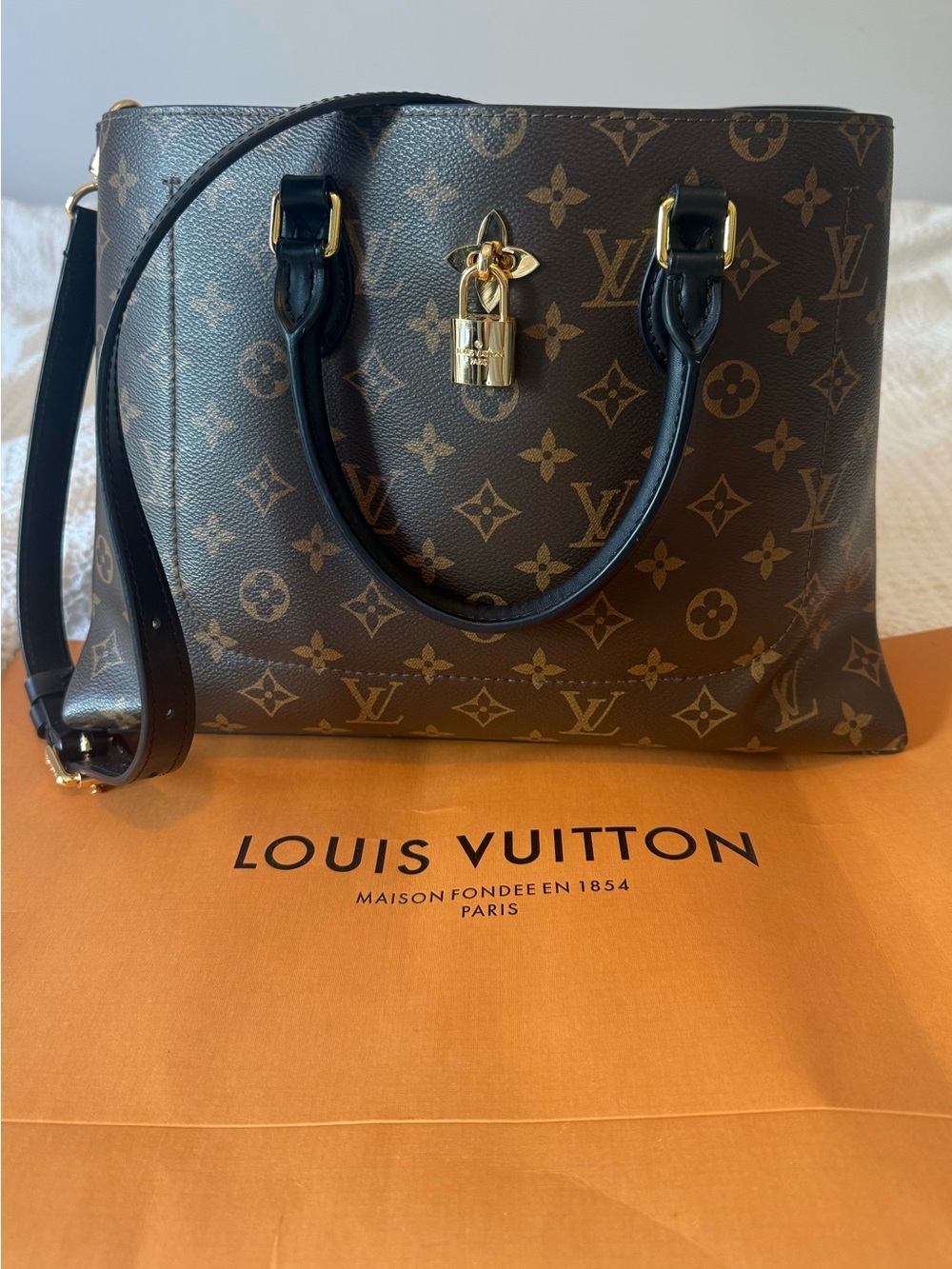 Louis Vuitton Monogram Flower Tote with Black Leather Trim and Gold Hardware